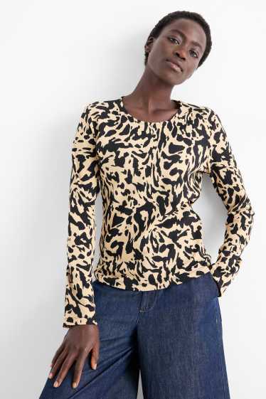 Dámské - Tričko s dlouhým rukávem - regular fit - se vzorem - černá/béžová