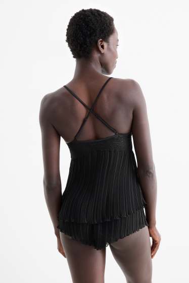 Damen - Plissee-Shorty-Pyjama - schwarz