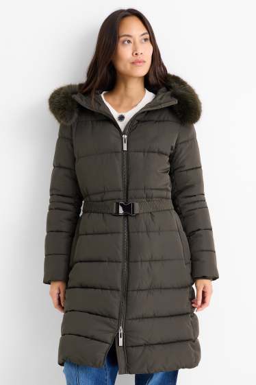 Dona - Abric embuatat amb cinturó, caputxa i rivet de pèl sintètic - verd fosc