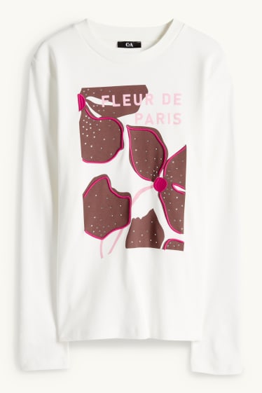 Femmes - Haut à manches longues avec pierres de strass - regular fit - blanc