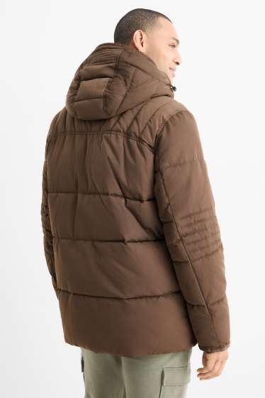 Pánské - Prošívaná parka s kapucí - tmavohnědá