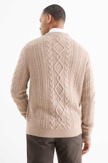 Men - Jumper with cashmere - wool blend - cable knit pattern - taupe