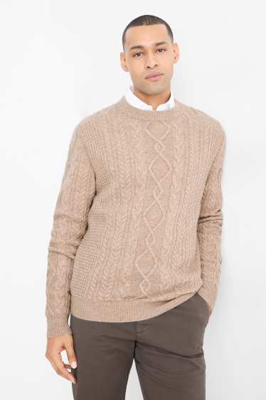 Men - Jumper with cashmere - wool blend - cable knit pattern - taupe