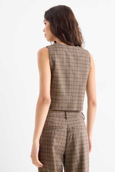 Donna - Gilet - sciancrato - a quadretti - marrone