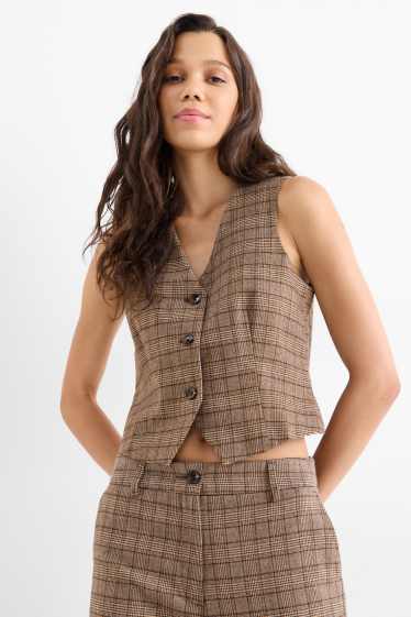 Donna - Gilet - sciancrato - a quadretti - marrone