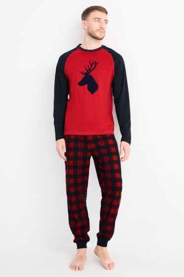 Heren - Pyjama voor de kerst, met flanellen broek - hert - donkerrood