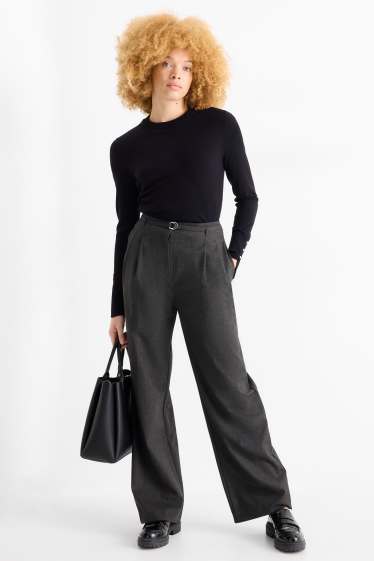 Dames - Pantalon met ceintuur - high waist - wide leg - donkergrijs