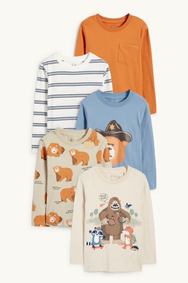Kinderen: jongens - Set van 5 - beer en bigfoot - longsleeve - licht beige