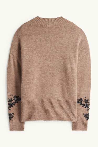 Damen - Pullover - glänzend - geblümt - braun