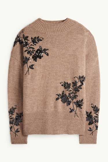 Damen - Pullover - glänzend - geblümt - braun