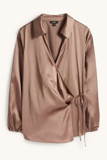Damen - Satin-Wickelbluse - braun