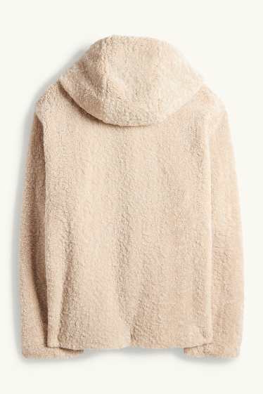 Dames - Jas van teddybont met capuchon - beige