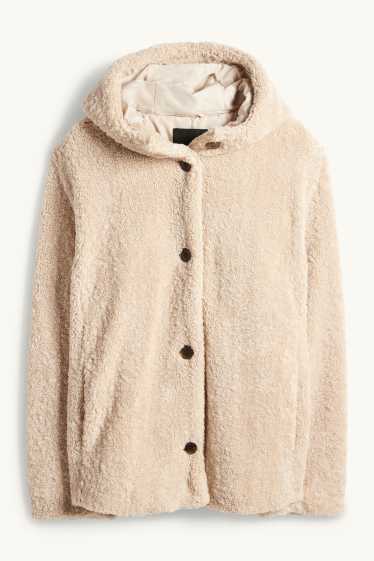 Dames - Jas van teddybont met capuchon - beige