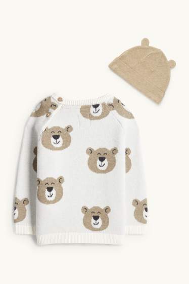 Bébés garçons - Ourson - ensemble - pull et bonnet - deux pièces - blanc crème