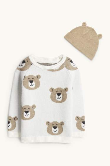 Bébés garçons - Ourson - ensemble - pull et bonnet - deux pièces - blanc crème