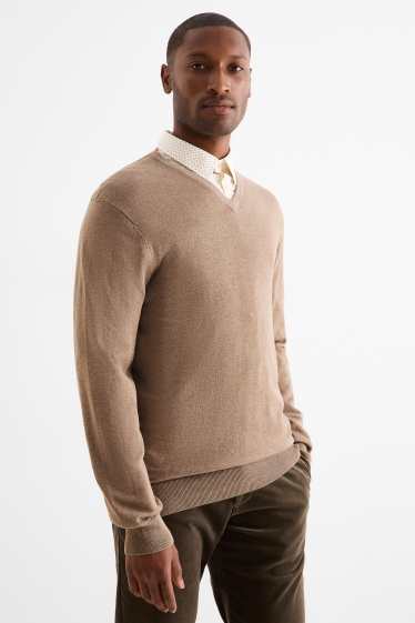 Bărbați - Set - pulover cu decolteu în V și cămașă office - 2 piese - bej deschis