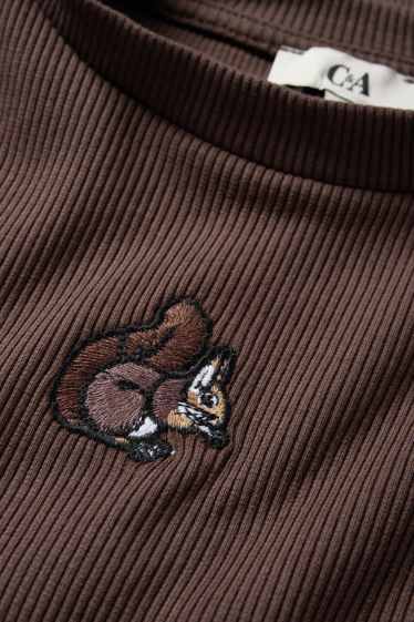 Dames - Korte longsleeve - slim fit - ribstof - donkerbruin