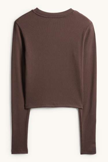 Dames - Korte longsleeve - slim fit - ribstof - donkerbruin