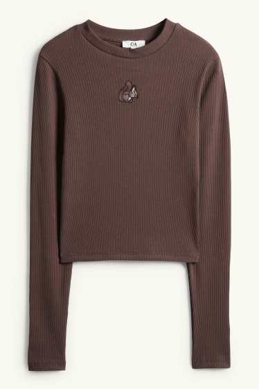 Dames - Korte longsleeve - slim fit - ribstof - donkerbruin