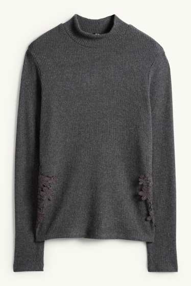 Femmes - Haut à manches longues - regular fit - finition côtelée - gris foncé