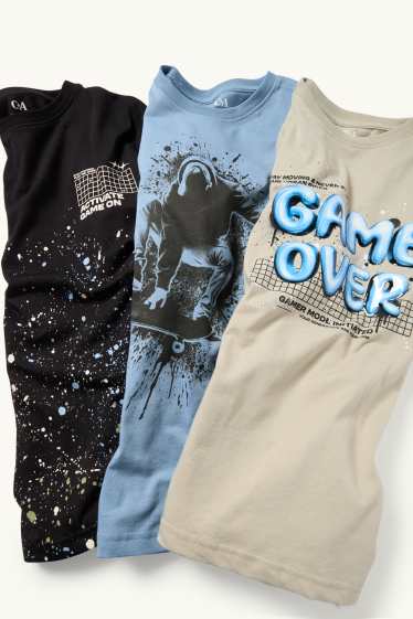 Kinderen: jongens - Set van 3 - skater en gaming - longsleeve - beige / blauw