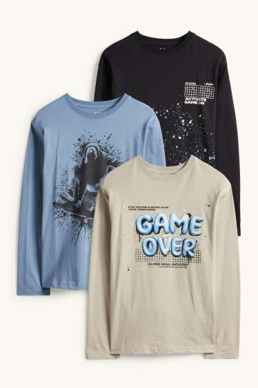 Kinderen: jongens - Set van 3 - skater en gaming - longsleeve - beige / blauw