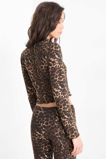 Dámské - Krátké tričko s dlouhým rukávem - slim fit - s leopardím vzorem - černá/béžová