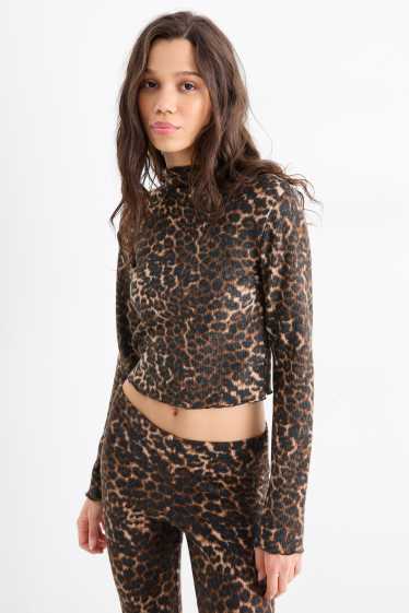 Dámské - Krátké tričko s dlouhým rukávem - slim fit - s leopardím vzorem - černá/béžová