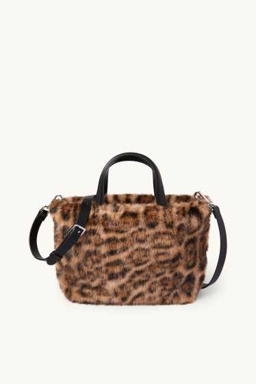 Dames - Kleine shopper van imitatiebont, met afneembare draagriem. - zwart / beige