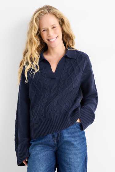 Damen - Pullover mit V-Ausschnitt und Kaschmir-Anteil - Woll-Mix - dunkelblau