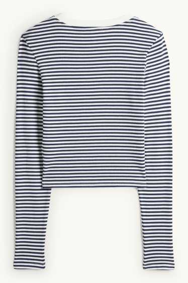 Damen - Crop Langarmshirt - Slim Fit - gerippt - gestreift - dunkelblau / weiß