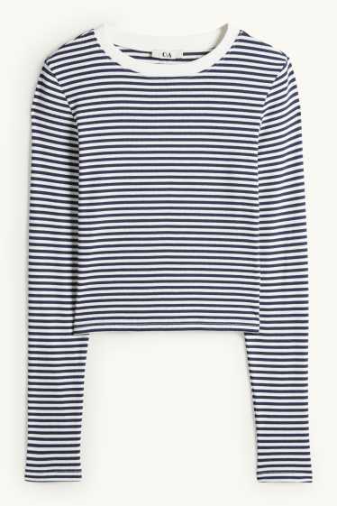 Damen - Crop Langarmshirt - Slim Fit - gerippt - gestreift - dunkelblau / weiß