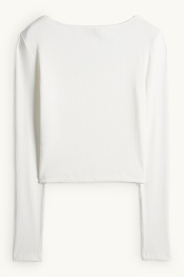 Damen - Crop Langarmshirt - Slim Fit - gerippt - cremeweiss