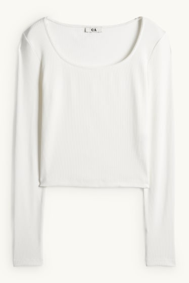 Damen - Crop Langarmshirt - Slim Fit - gerippt - cremeweiss