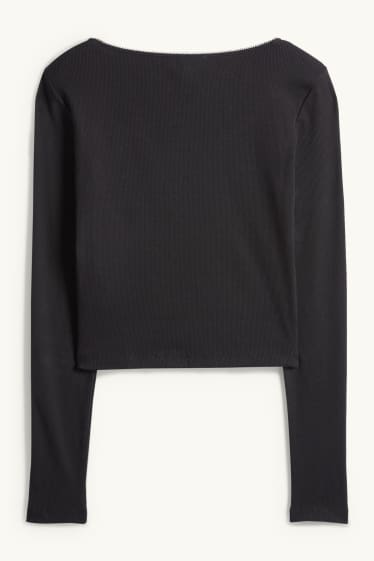 Damen - Crop Langarmshirt - Slim Fit - gerippt - schwarz