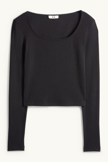 Damen - Crop Langarmshirt - Slim Fit - gerippt - schwarz