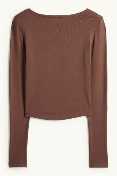Damen - Crop Henley-Shirt - Slim Fit - gerippt - dunkelbraun