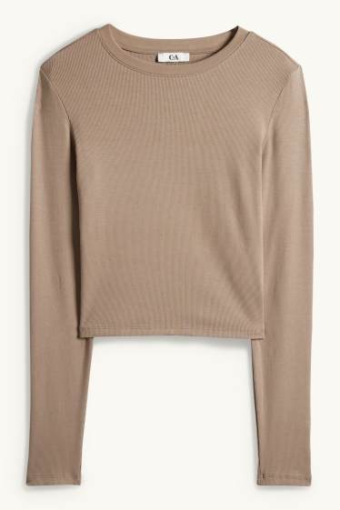 Women - Cropped long sleeve top - slim fit - ribbed - taupe