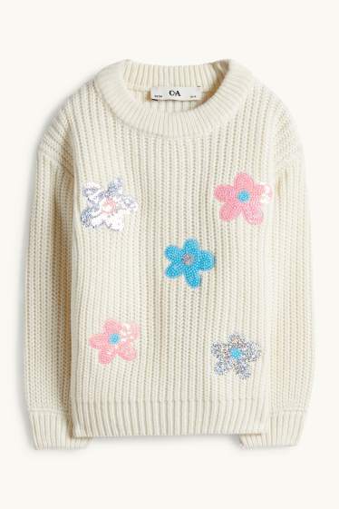 Bambine - Fiore - maglione - a coste - bianco crema