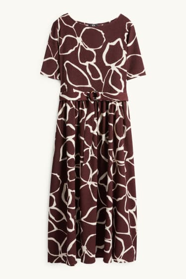 Dames - Fit & flare-jurk met ceintuur - gebloemd - met structuur - bordeaux
