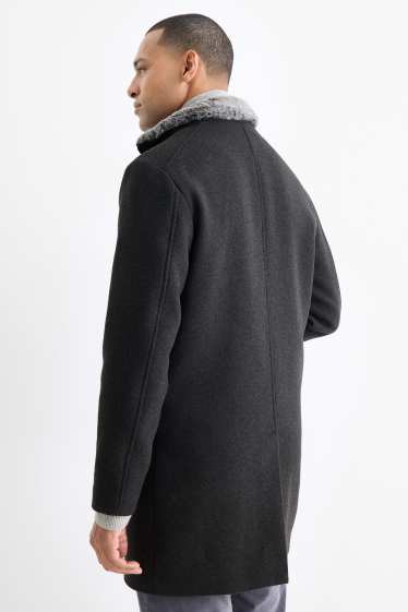 Heren - Mantel met imitatiebontrandje - zwart