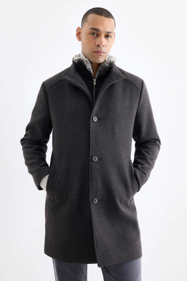 Heren - Mantel met imitatiebontrandje - zwart