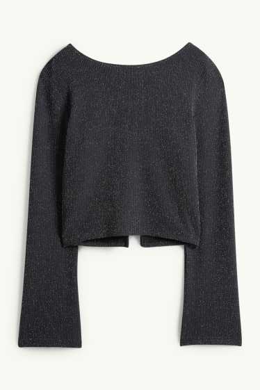 Dames - Korte longsleeve - slim fit - ribstof - zwart