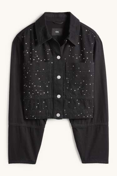 Femmes - Veste courte en jean à strass - noir