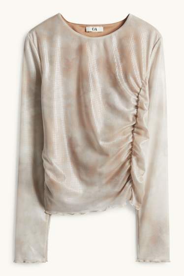 Dames - Longsleeve - slim fit - mesh - met patroon - beige