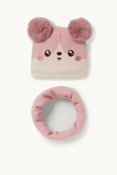 Copii - Fete - Kawaii - set - căciulă cu ciucure și fular circular - 2 piese - roz