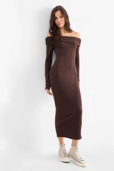 Dona - Vestit bodycon de punt de mitja - acanalat - marró fosc