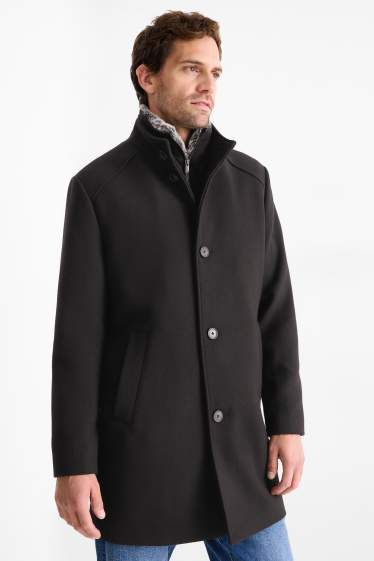 Heren - Mantel met imitatiebontrandje - zwart