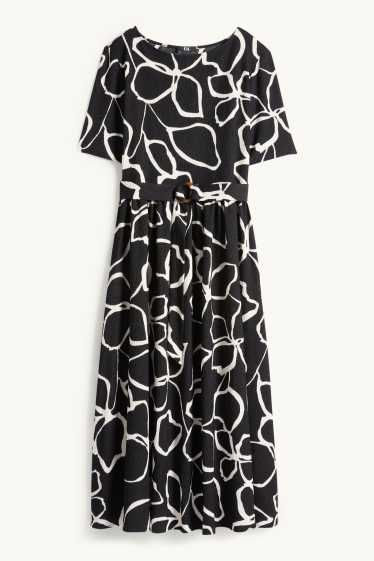 Dames - Fit & flare-jurk met ceintuur - gebloemd - met structuur - zwart / wit