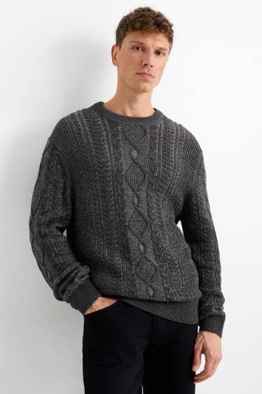 Men - Jumper - cable knit pattern - dark gray